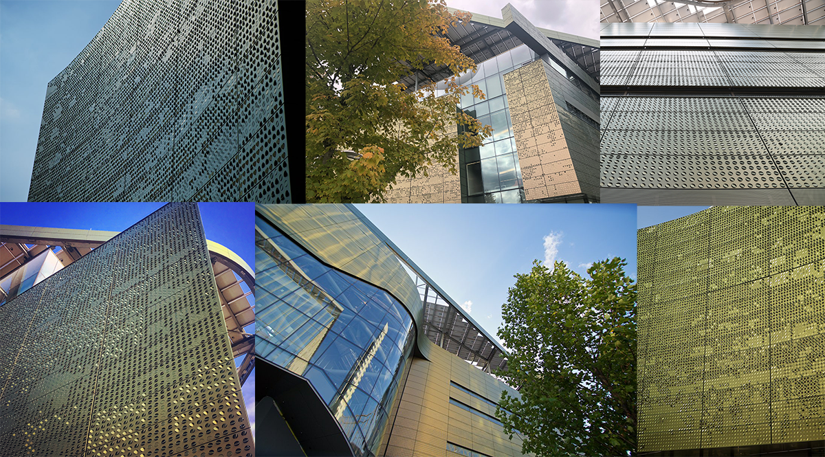 Collage of the Bloomberg Center in different lighting.