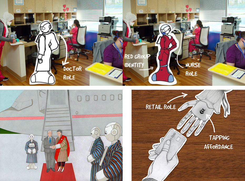 3 images: A doctor robot vs a nurse robot, robots in ceremonial robes, and a retail robot