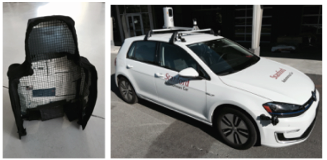 on right: car seat costume, used in Wendy Ju's ghost-driver experiments. on left: the "autonomous" car used for the experiments.